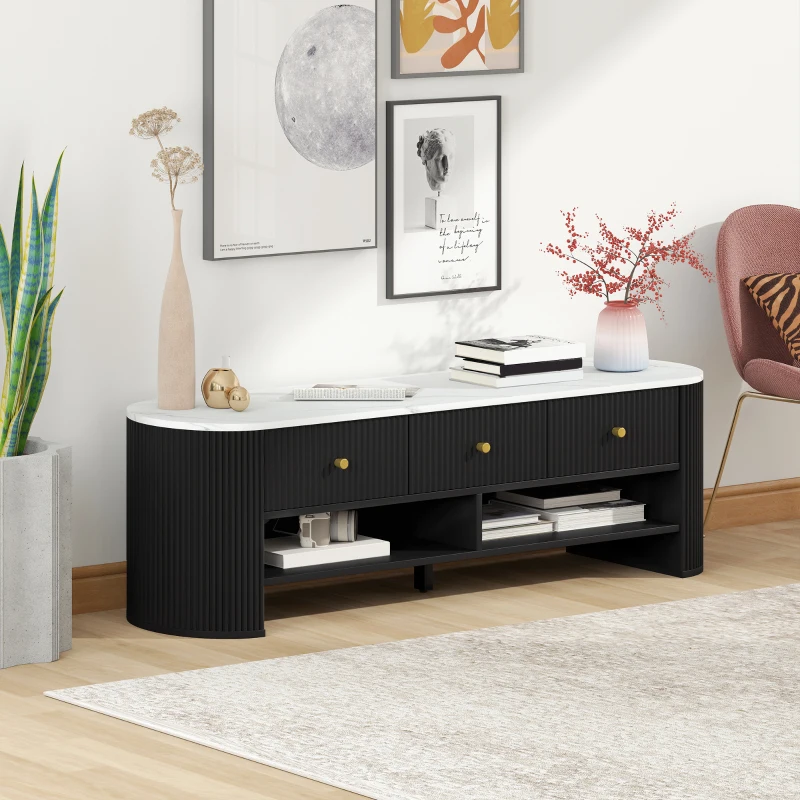 HOMCOM Móvel TV 140 cm Móvel para TV 165 cm Efeito Mármore com 3 Gavetas Frentes Caneladas 2 Prateleiras Preto