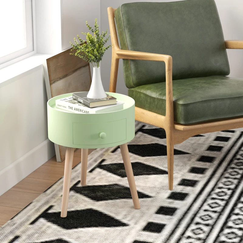 HOMCOM Table basse table de chevet table de nuit ronde design scandinave bout de canapé avec tiroir pieds effilés inclinés