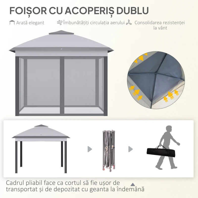 Outsunny Pavilion de Exterior Pliabil Reglabil pe Înălțime, cu Plase pentru Țânțari, 3.3x3.3x2.8 m, Gri