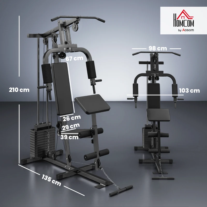 HOMCOM Station de Musculation Multifonction avec Stack de 65 kg, Double Poulie, Noir