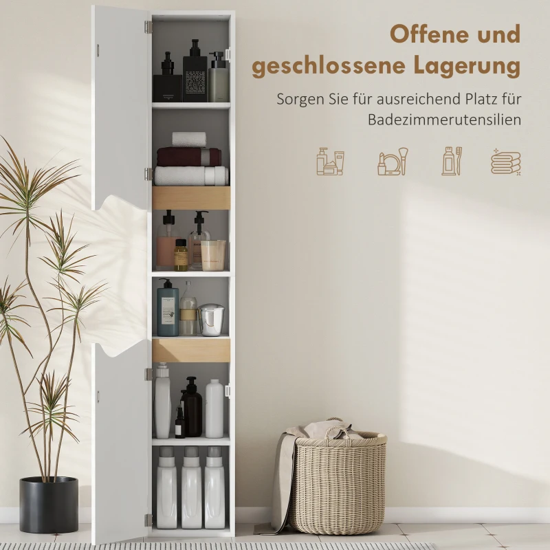 HOMCOM Badezimmerschrank Schmal Hochschrank mit 2 Türen, 2 Offenen Fächern, für Badezimmer 30 x 34,6 x 182 cm Weiß