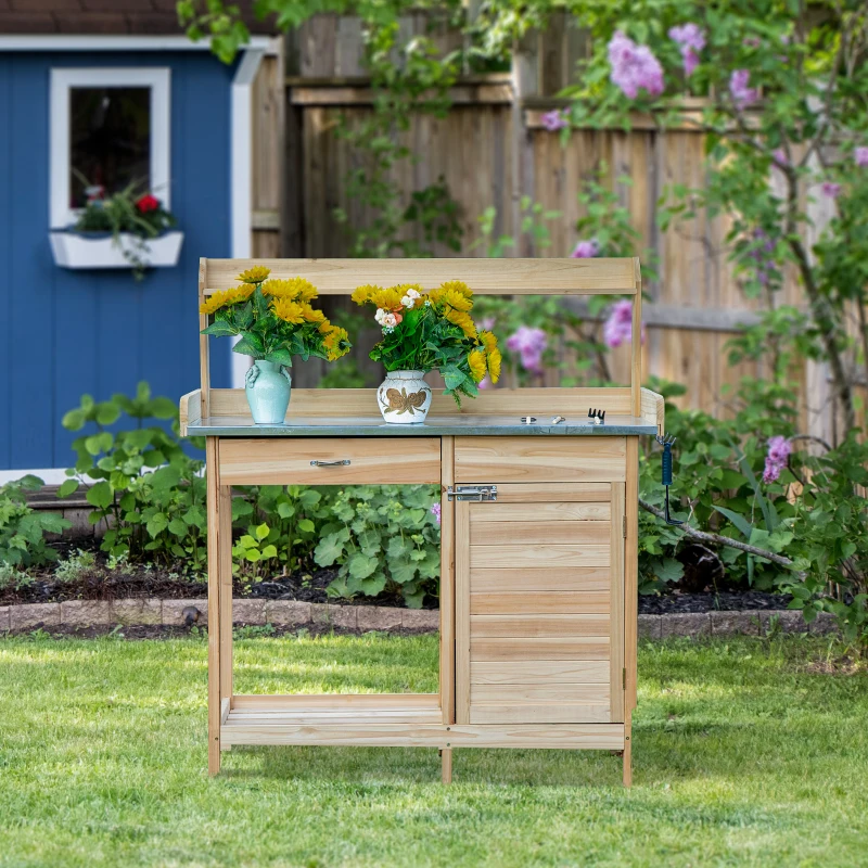 Outsunny Table de rempotage table de jardinage avec 2 étagères, tiroir, placard, plateau tôle acier galvanisé avec