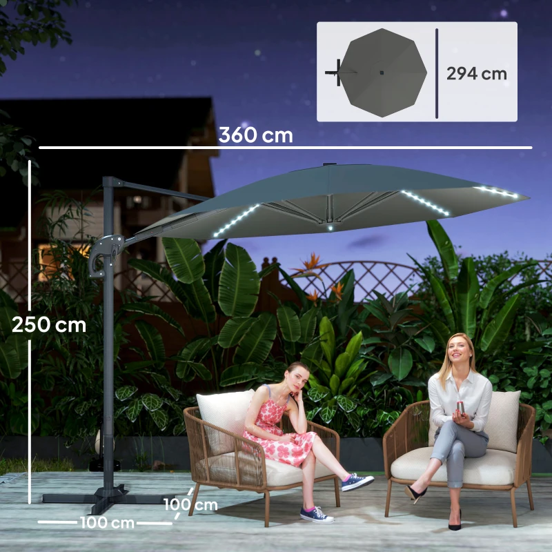 Outsunny Alu Ampelschirm LED Solar Ø300 cm höhenverstellbar Sonnenschirm mit Kurbel Ständer UV50+ Dunkelgrau