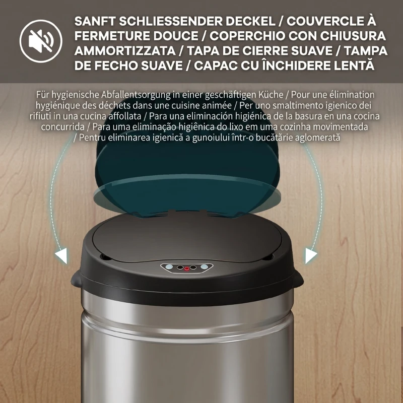 HOMCOM Coș de Gunoi de 42L cu Senzor de Mișcare și Deschidere Automată, 30.5x30.5x68 cm, Negru și Argintiu