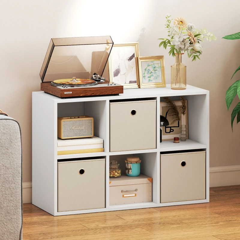 HOMCOM Estantería Cubo de Almacenamiento con 6 Compartimentos y 3 Cajones de Tela para Salón 53,7x30x79,8 cm Blanco y Beige