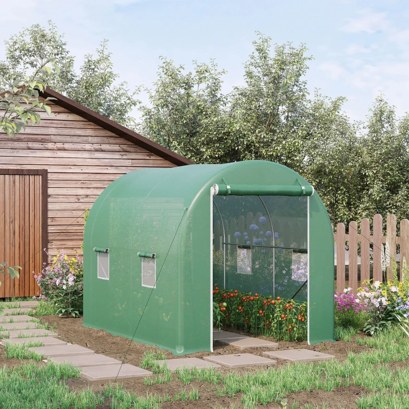 Outsunny Estufa Túnel para Jardim Área ao Solo 6 m² 3L x 2l x 2,10H m Estrutura Tubular Reforçada Porta com Zíper 4 Janelas Enroláveis Estrutura Metálica Verde