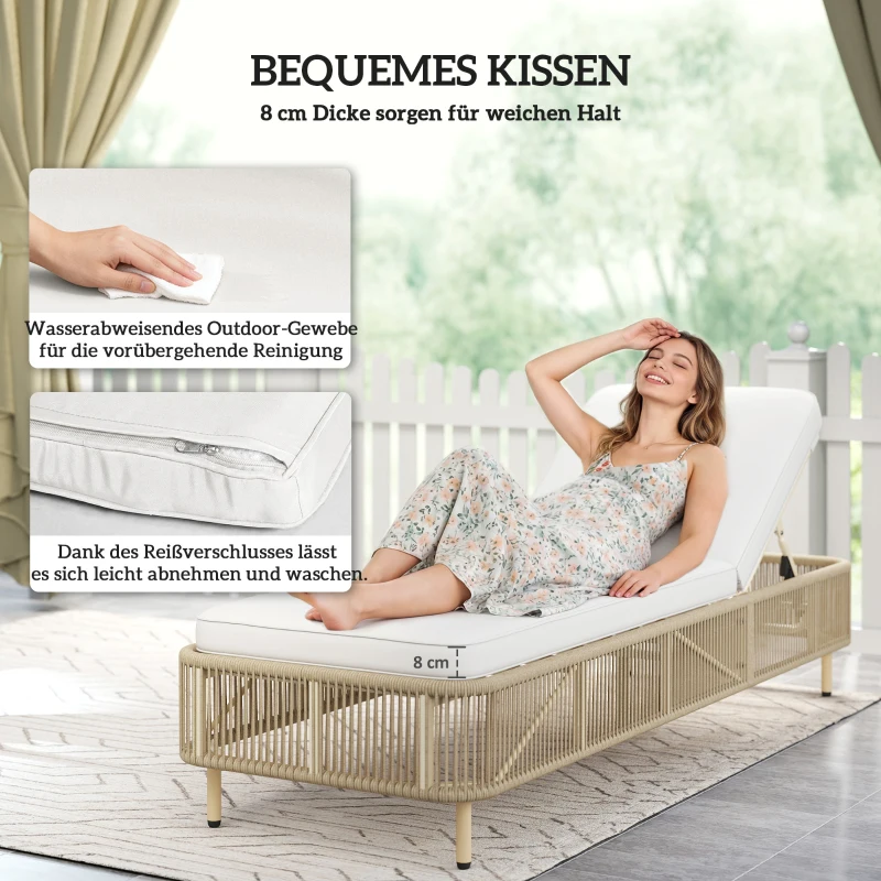 Outsunny Rattan Sonnenliege, 5-fach verstellbare PE-Rattan Gartenlieg mit Kissen, Gartenliege
