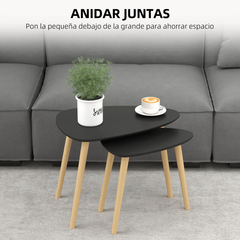 HOMCOM Juego de 2 Mesas de Centro Mesa Nido Moderna Mesitas Auxiliares Patas de Madera de Pino para Salón Negro y Natural