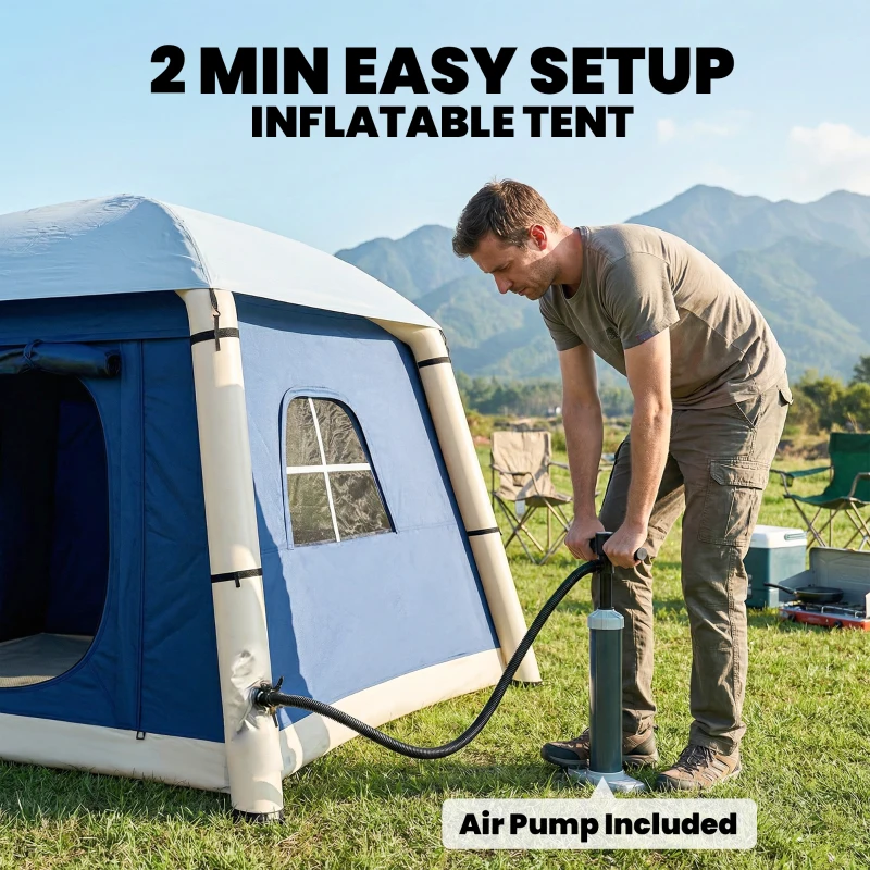 Outsunny Inflatable Camping Tent with Hand Pump, Easy Setup 1/2 Person Blackout Blow Up Tent, Dark Blue