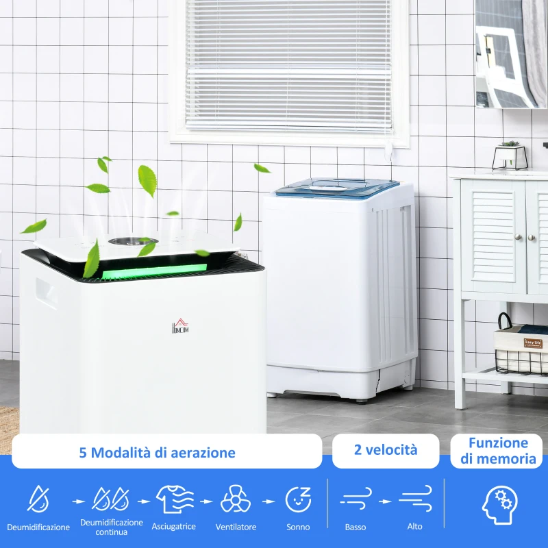 HOMCOM Deumidificatore Portatile da 10L con 5 Modalità, 2 Velocità, Timer 24h e Ruote, 25x25x50.5cm, Bianco
