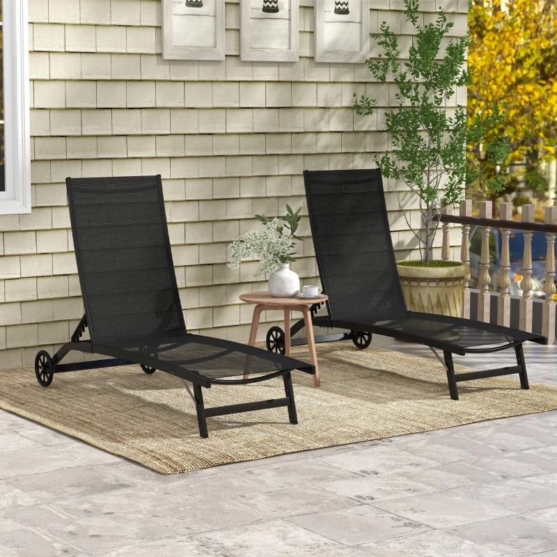Outsunny Lot de 2 bains de soleil en aluminium et textilène avec roulettes dossier inclinable charge max. 150 Kg noir