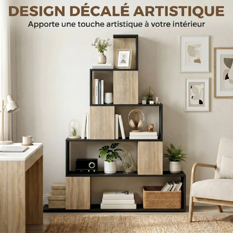 HOMCOM Étagère de rangement, bibliothèque géométrique à 5 niveaux, pour bureau, salon, chambre, noir et bois naturel