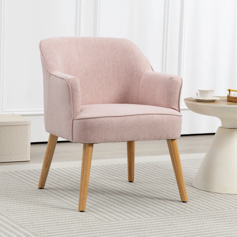 HOMCOM Butaca de Salón Moderna Sillón Individual Tapizado en Lino con Patas de Madera Carga 120 kg 64,5x65x79,5 cm Rosa