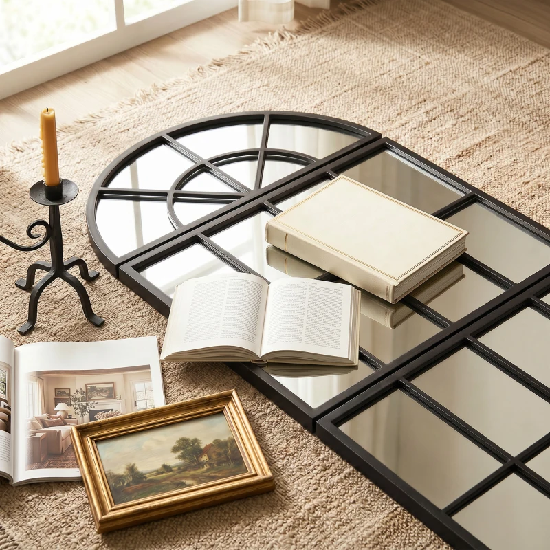 HOMCOM Large Arched Wall Mirror with Metal Grid, 3-Piece Split Window Mirrors, 120 x 54 cm, Black