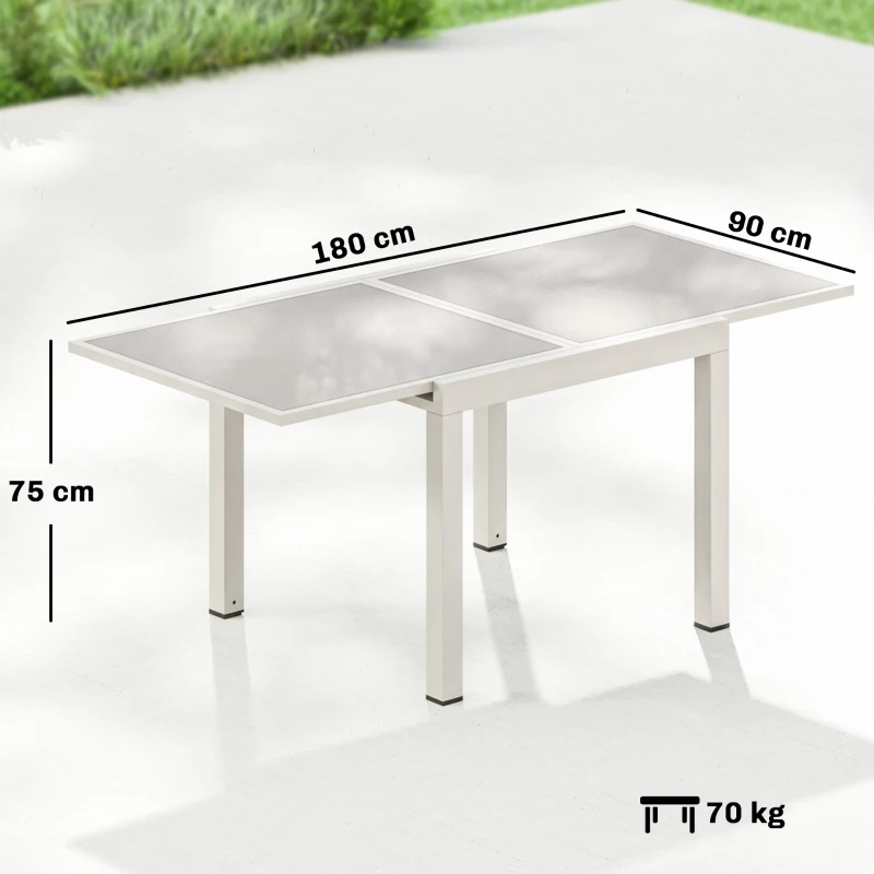 Outsunny Masă Extensibilă de Grădină cu Extensie Rabatabilă din Aluminiu și Sticlă, Crem
