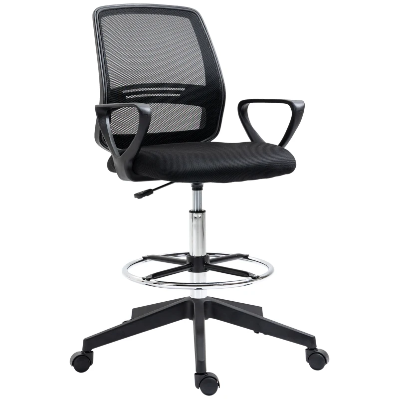 Vinsetto Bürostuhl Ergonomischer Schreibtischstuhl mit Armlehnen und Verstellbarer Fußring, Höhenverstellbarer Drehstuhl mit Netzbespannung Schwarz