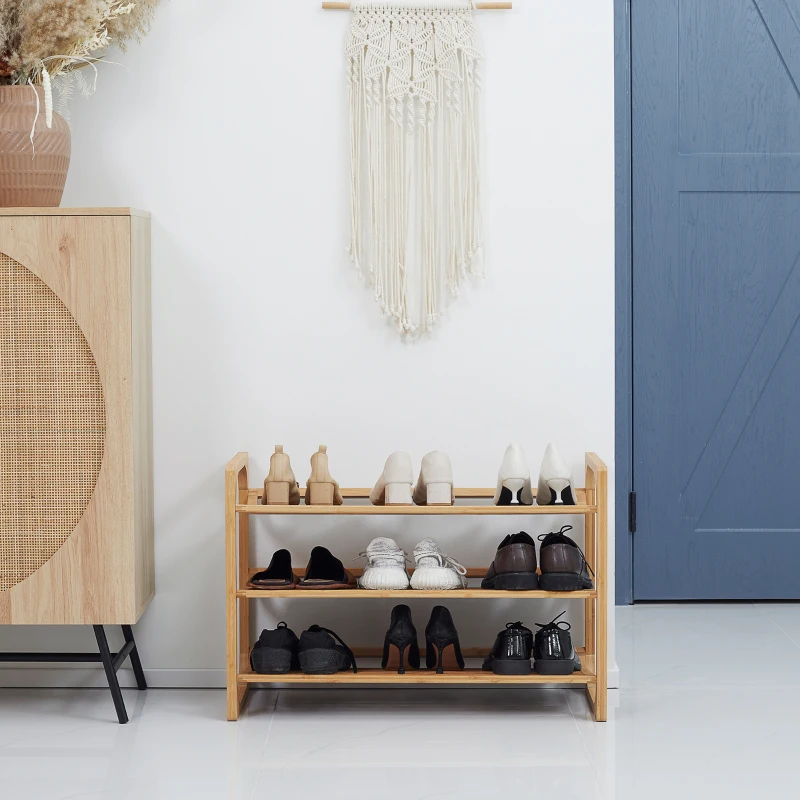 HOMCOM 3-Tier Shoe Rack, Bamboo Shoe Storage Organizer with Slatted Shelves, Free Standing Shoe Shelf Stand for 9 Pairs of Shoes for Entryway, Hallway, Natural