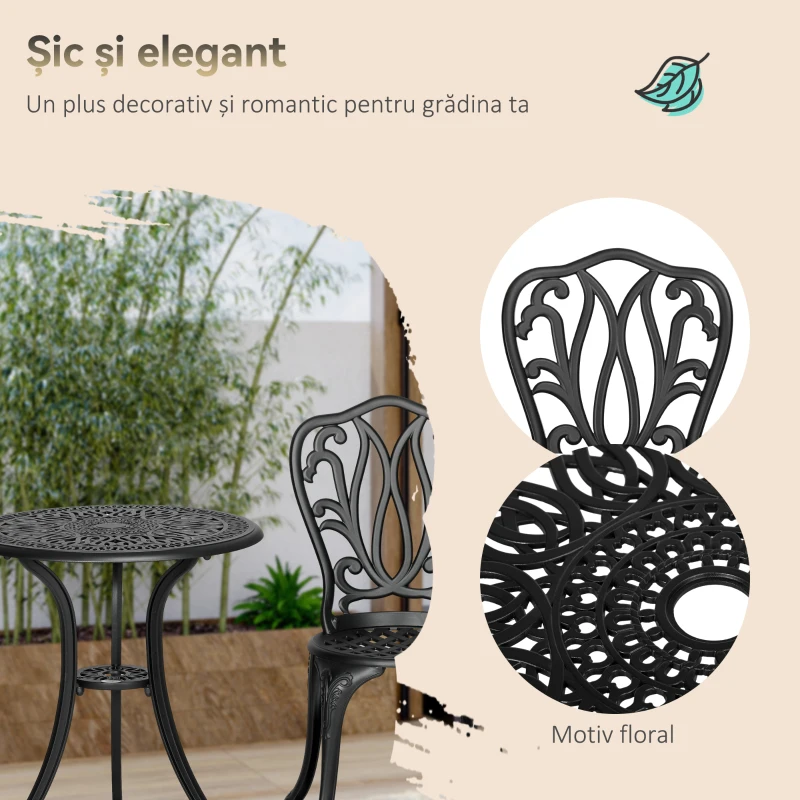 Outsunny Set de Grădină Exterior cu 2 Scaune și Masă din Aluminiu cu Orificiu pentru Umbrelă, 60x60x66 cm, Negru