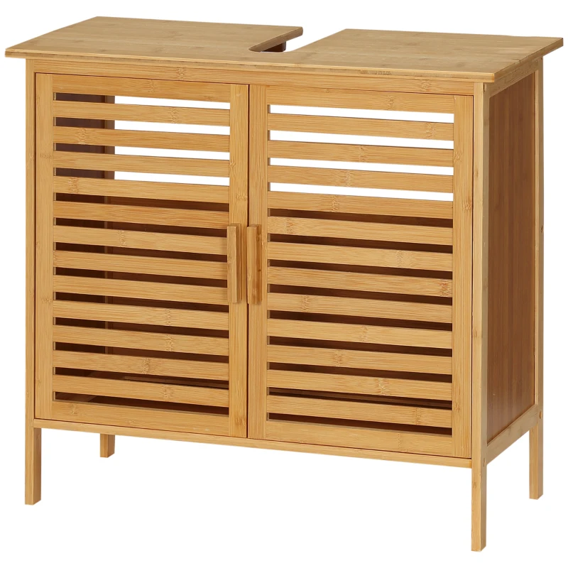 kleankin Mueble para Debajo del Lavabo de Bambú Armario de Baño de Suelo con 2 Puertas 66x29x61,5 cm Natural