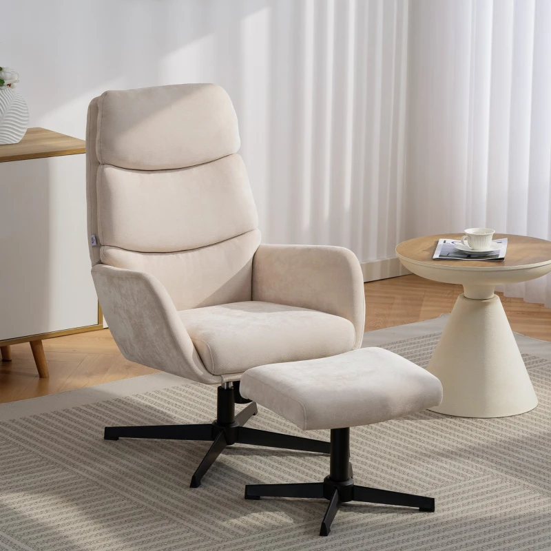 HOMCOM Poltrona estofada com pufe, poltrona lounge com encosto alto, base metálica, para sala de estar, quarto, Bege