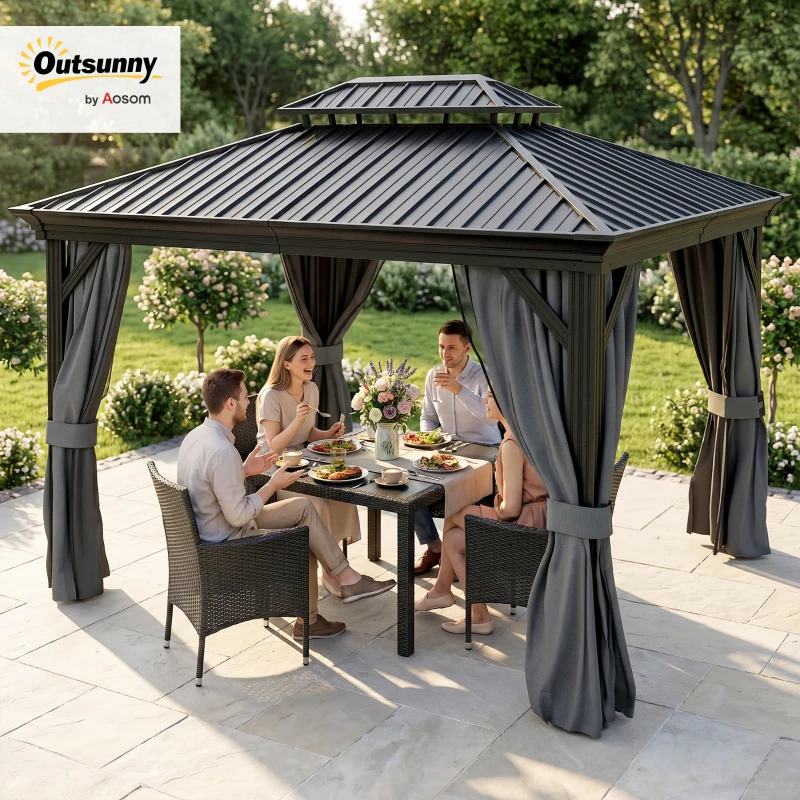 Outsunny 3.65 x 3m Aluminium Hardtop Gazebo, with Accessories - Dark Grey