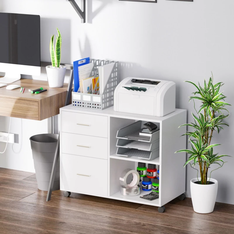 HOMCOM Armario de Oficina para Impresora Mueble Multifuncional con 3 Cajones Estantes y Ruedas 80x40x65 cm Blanco