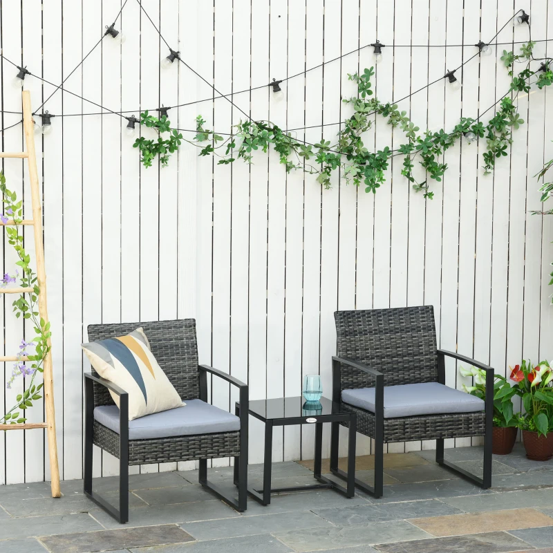 Outsunny Conjunto de Mesa y Sillas de Jardín para Exterior Incluye 2 Sillones y 1 Mesa de Centro de Vidrio Gris