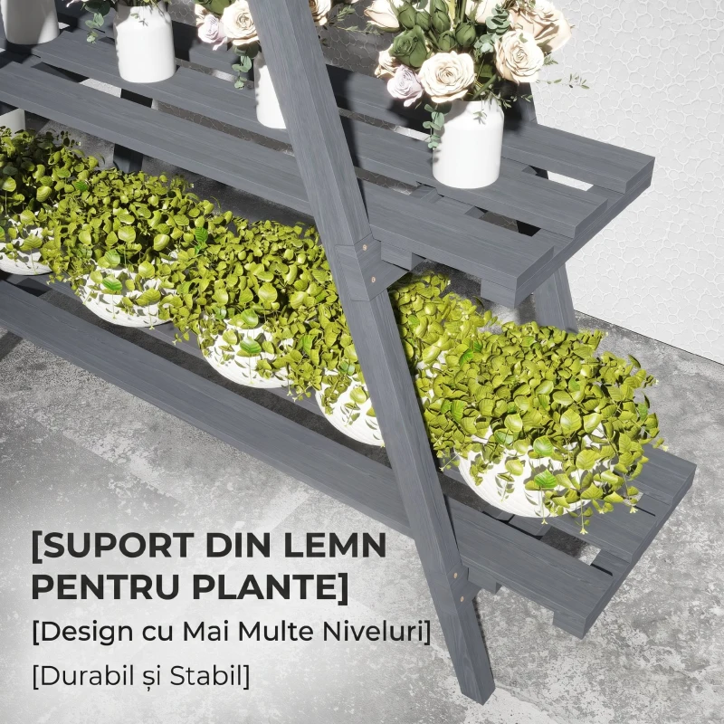 Outsunny Suport pentru Plante Vertical cu 3 Niveluri, din Lemn de Brad, 100x36x112 cm, Gri