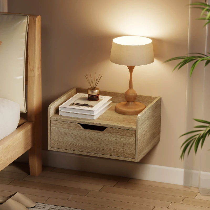 HOMCOM Floating Nightstands Set of 2, Wall Mounted Bedside Table with Drawer for Bedroom, Natural Wood