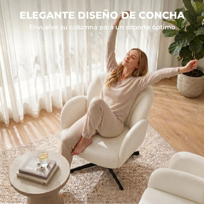 HOMCOM Sillón de Salón Giratorio Butaca de Salón Tapizada Terciopelo con Respaldo en Forma de Concha Cojín con Resortes Crema