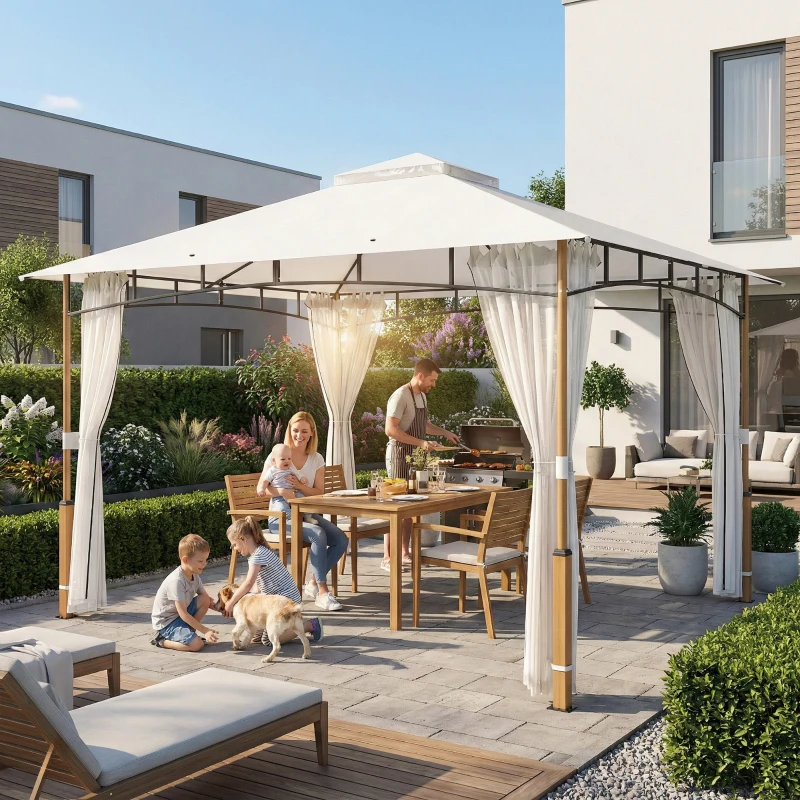 Outsunny Carpa para Jardín con Techo Doble Cenador con Paredes de Malla UPF50+ para Exterior Terraza 360x300x275 cm Crema y Teca
