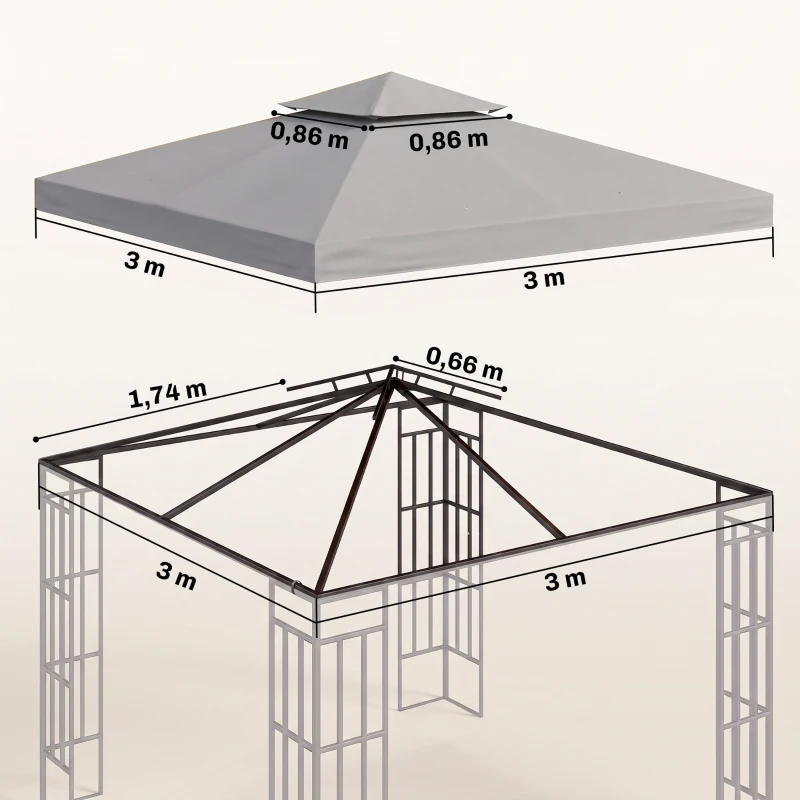 Outsunny Ersatzdach für Pavillon 3 x 3 m wasserdicht Pavillondach mit Doppeldach Ablauflöcher Hellgrau