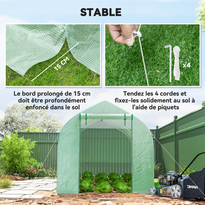 Outsunny Serre tunnel de jardin 8m², serre de jardin tunnel avec 1 porte et 6 fenêtres, bâche PE 140g/m² 400x200x200cm vert