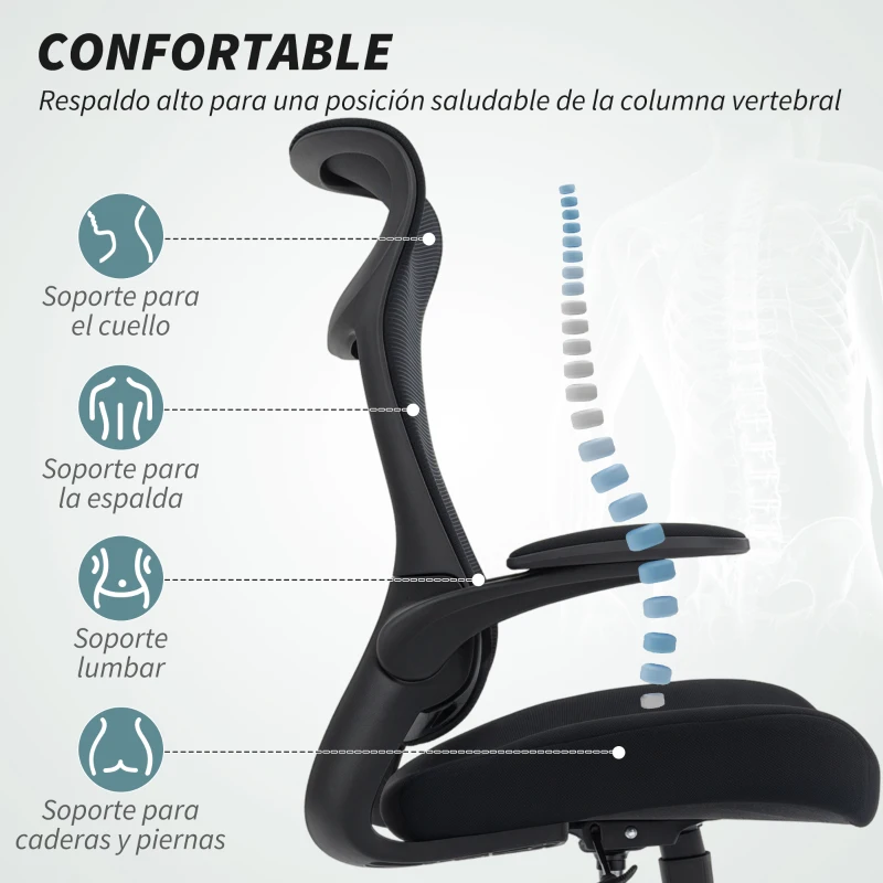 HOMCOM Silla de Oficina Ergonómica Giratoria de Malla con Soporte Lumbar Reposabrazos Abatibles Reposacabezas Basculante Negro