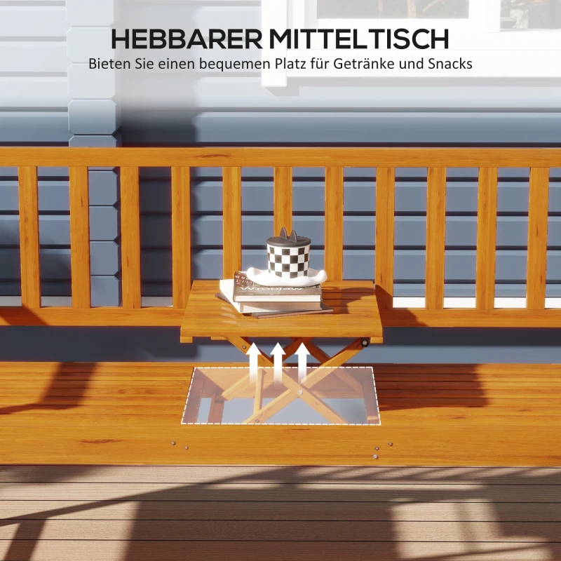 Outsunny Gartenbank Holzbank Outdoor-Bank, ausklappbarer Tisch, wetterbeständig, Massivholz, 153 cm x 56 cm x 91 cm,  Hellbraun
