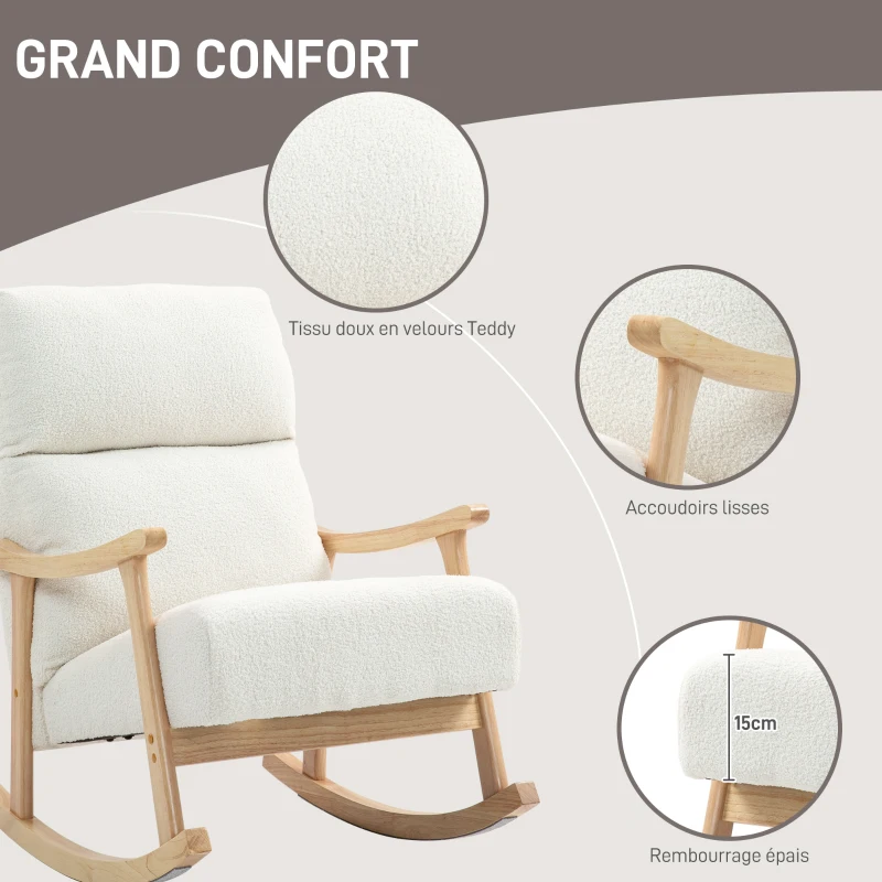 HOMCOM Fauteuil à bascule, rocking chair en velours teddy avec assise rembourré, dossier ergonomique, 65 x 90 x 98 cm, crème