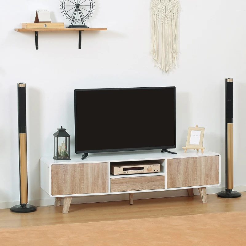 HOMCOM Meuble TV Bas sur Pied Style scandinave 2 Portes Niche tiroir MDF Blanc Aspect chêne Clair
