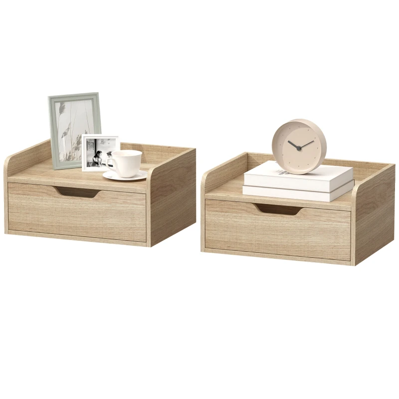 HOMCOM Floating Nightstands Set of 2, Wall Mounted Bedside Table with Drawer for Bedroom, Natural Wood