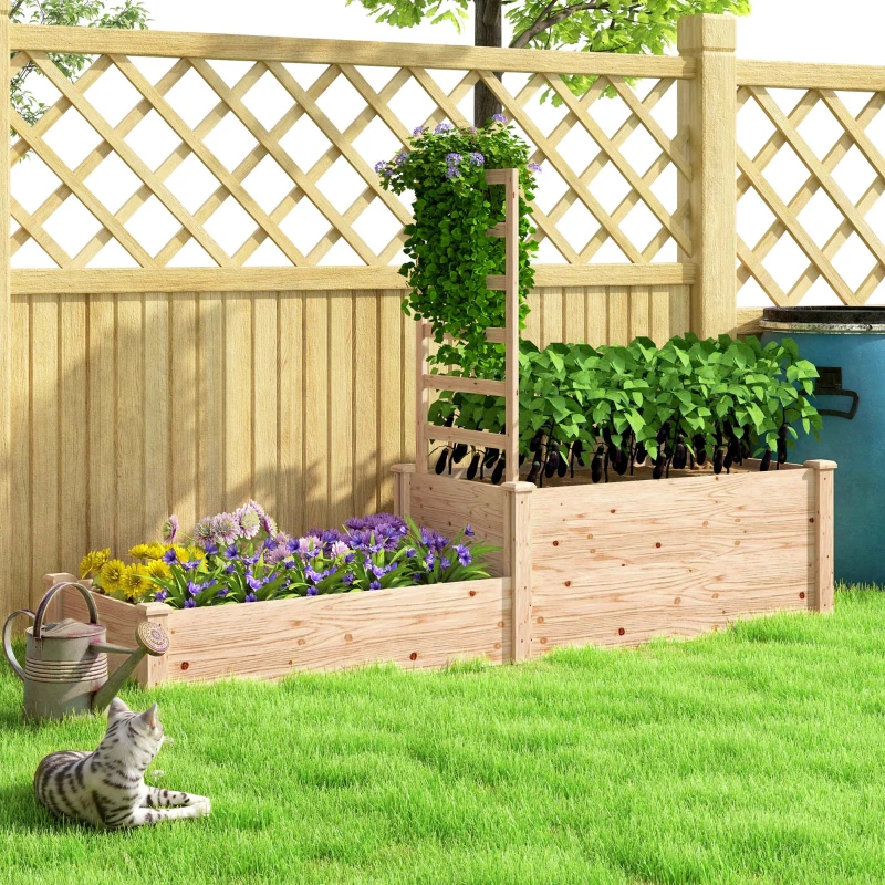 Outsunny Jardinera Elevada con Celosía de Madera para Plantas Trepadoras y 2 Cajas de Cultivo  222x63x132 cm Natural