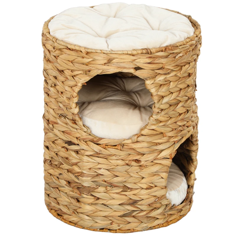 PawHut Tonel Arranhador 50 cm 2 Tocas Almofada Arranhador com Cama para Gatos Torre para Gatos em Vime de Aguapé Castanho Claro