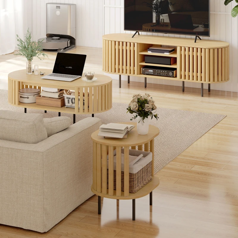 HOMCOM Meuble TV, meuble télé pour téléviseur 60 pouces, 2 portes à lattes, 140x40x52cm, bois naturel