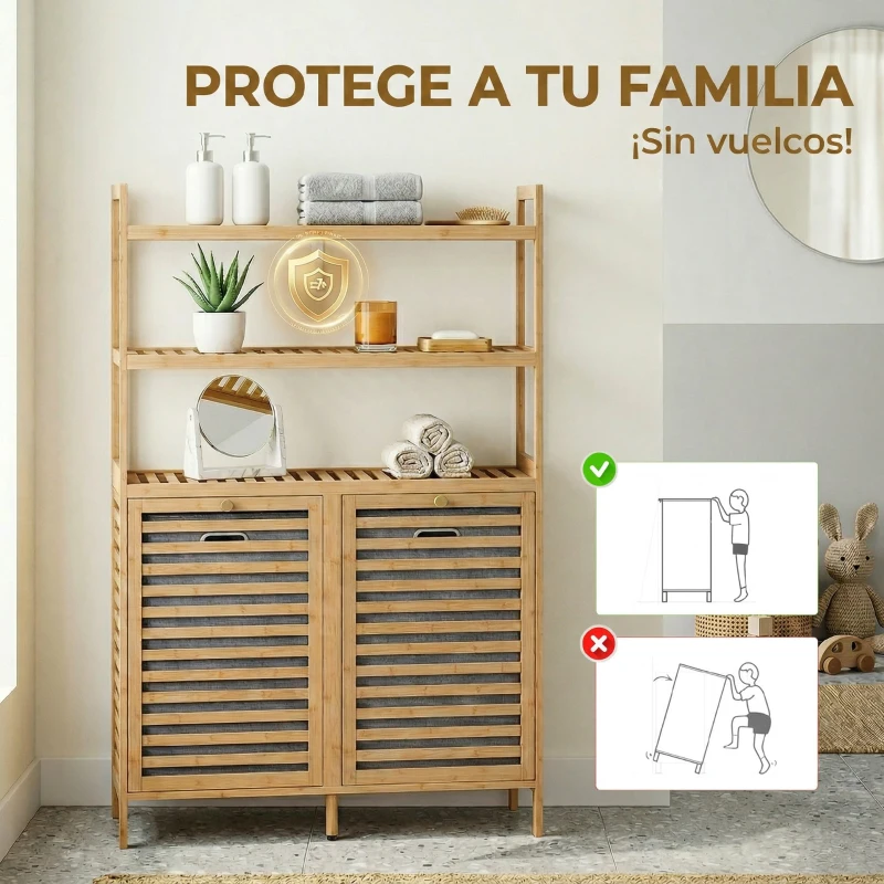 HOMCOM Mueble Ropa Sucia de Bambú con 2 Cestos para Ropa Sucia Inclinables 38,7 L y 3 Estantes 80x30x118 cm Roble