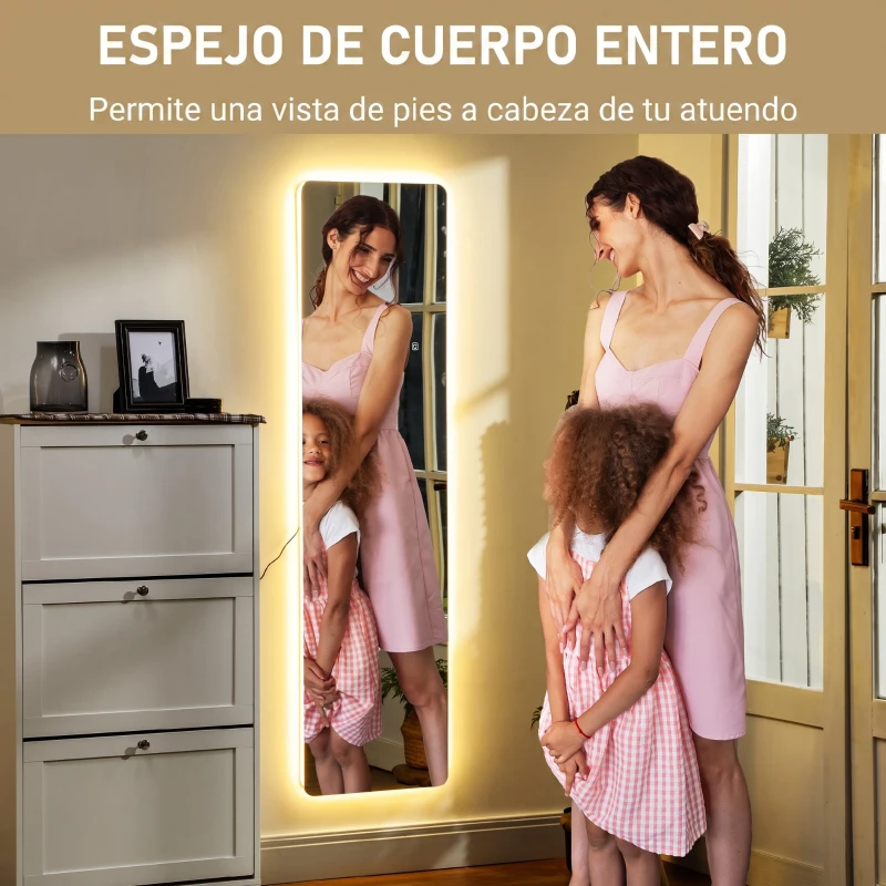 HOMCOM Espejo de Cuerpo Entero con Luz LED 150x40 cm con Iluminación de 3 Colores Función de Memoria Transparente