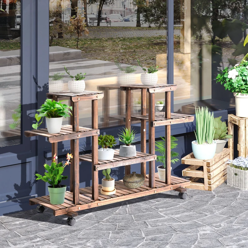 Outsunny Porta Piante da Esterno, Scaffale Portafiori a 4 Livelli, Fioriera da Esterno e Interno in Legno con 4 Ruote, 123.5 x 33 x 80cm