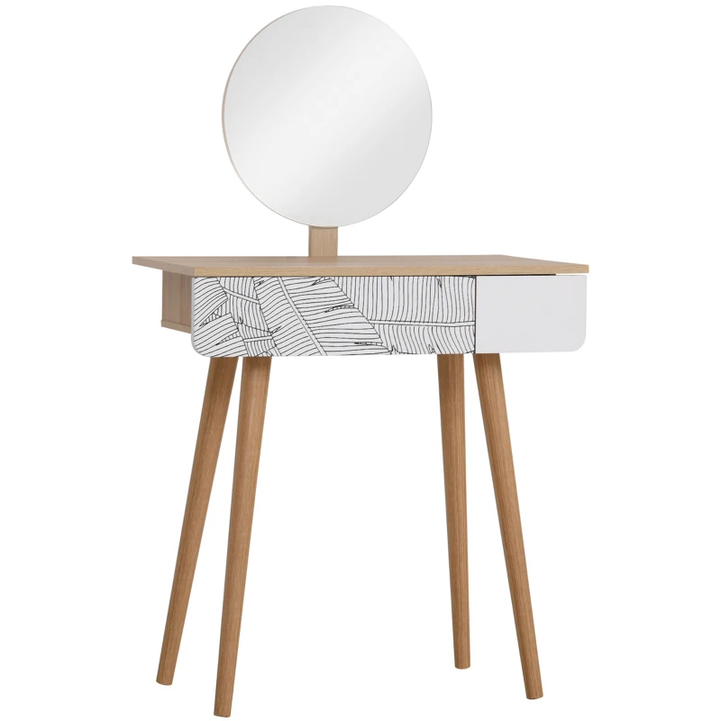 HOMCOM Schminktisch Kosmetiktisch mit Spiegel Frisierkommode Schmuck Schubladen Spanplatte Weiß+Eiche 70 x 39 x119-128 cm