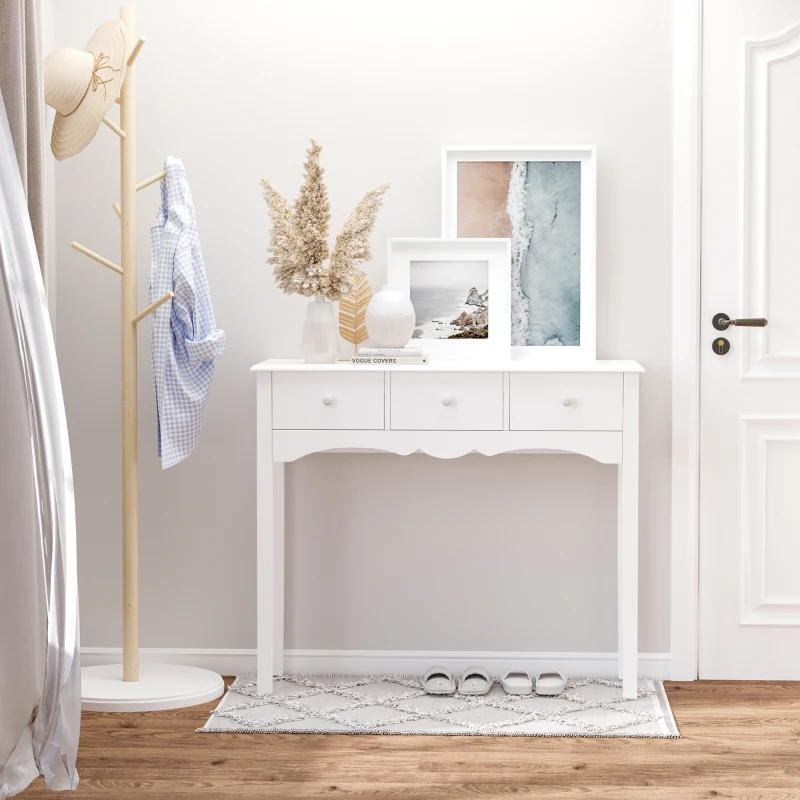 HOMCOM Tavolo Consolle Moderno da Ingresso in MDF con 3 Cassetti, 100x32x85 cm, Bianco