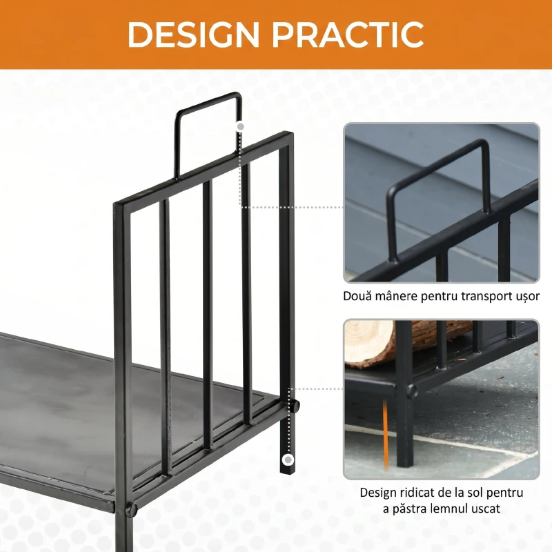 Outsunny Suport pentru lemne de foc, greutate maximă 25kg, pentru interior și exterior, cu 2 mânere, din metal, 44.5x33x46.5 cm, negru