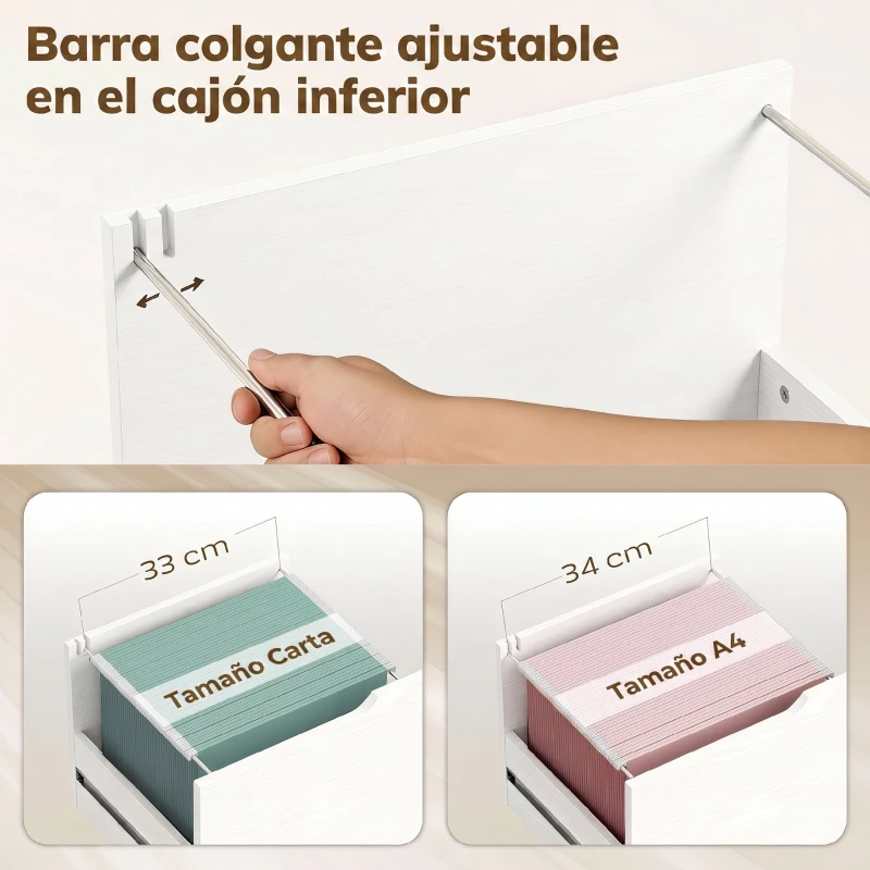 HOMCOM Mueble para Impresora con Ruedas 3 Cajones Barra Ajustable 2 Estantes Abiertos y Asas para Documentos Tamaño A4 Blanco
