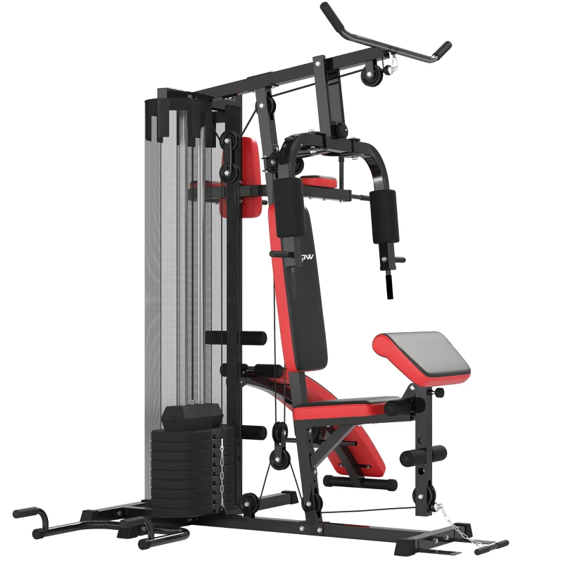 SPORTNOW Station Multi Gym avec Poids de 65 kg, Équipement de Musculation avec Banc pour Abdominaux, Noir et Rouge