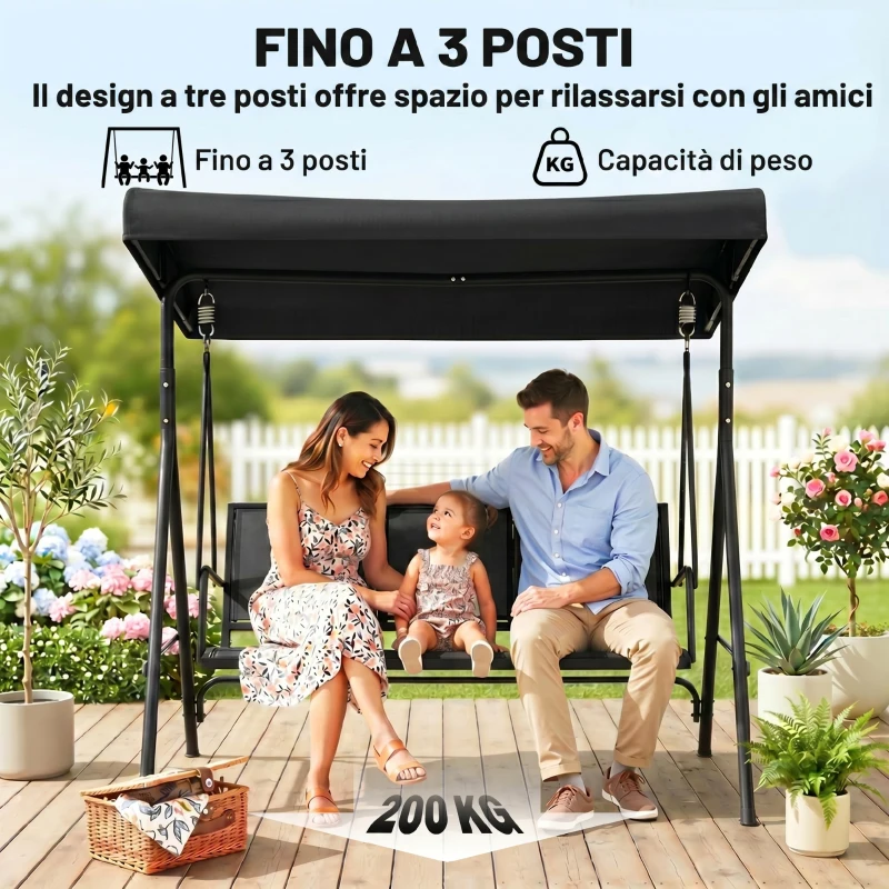 Outsunny Dondolo da Giardino a 3 Posti con Tettuccio, Seduta Traspirante e Telaio in Acciaio, Nero